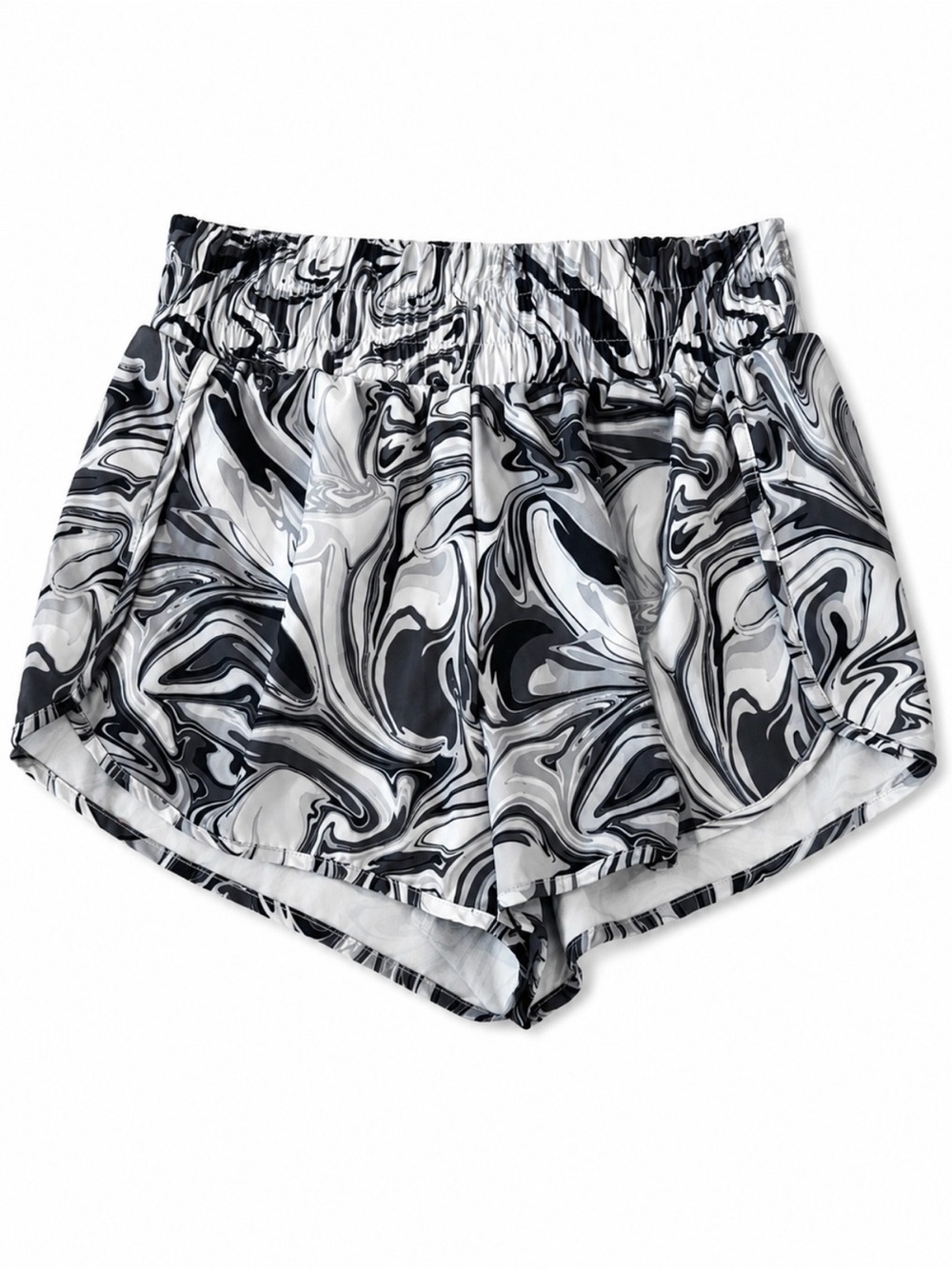 Marble-Print Black & White Athletic Shorts with Elastic Waist